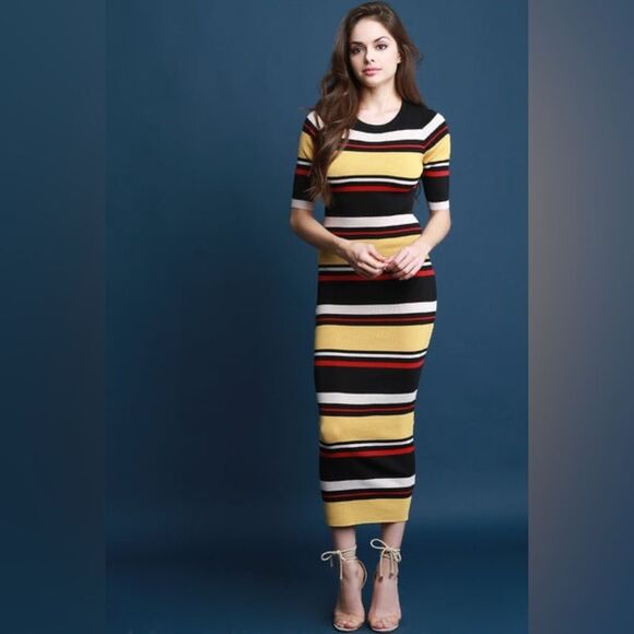 NWT AKIRA Horizontal Striped Bodycon Knit Ribbed Maxi Dress Multicolor Small - Picture 1 of 10